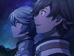 Rule 34 | 2boys, asada hachi, bishounen, brown hair, closed mouth, commentary request, green eyes, hair between eyes, highres, male focus, mikleo (tales), mountain, multiple boys, night, night sky, open mouth, outdoors, profile, purple eyes, short hair, silver hair, sky, smile, sorey (tales), star (sky), starry sky, tales of (series), tales of zestiria, twitter username, upper body, watermark