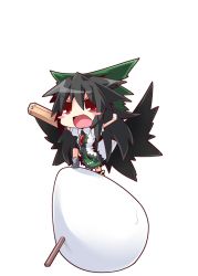 Rule 34 | 1girl, arm cannon, black hair, blush, blush stickers, chibi, egg, female focus, outstretched arms, red eyes, reiuji utsuho, reku, ribbon, simple background, skirt, solo, spread arms, touhou, weapon, white background, wings