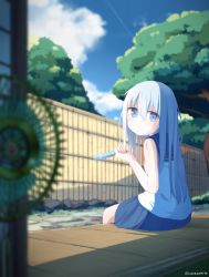 Rule 34 | 1girl, bamboo fence, bare arms, bare shoulders, blue eyes, blue sailor collar, blue skirt, blue sky, blurry, blurry foreground, blush, closed mouth, cloud, cloudy sky, commentary request, day, depth of field, electric fan, fence, food, hair between eyes, hibiki (kancolle), holding, kantai collection, long hair, looking at viewer, looking to the side, no headwear, okota mikan, outdoors, popsicle, sailor collar, school uniform, serafuku, shirt, silver hair, sitting, skirt, sky, sleeveless, sleeveless shirt, solo, tree, veranda, very long hair, white shirt