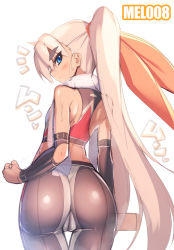 Rule 34 | 1girl, arm belt, ass, back-seamed legwear, blonde hair, blue eyes, blush, bodysuit, cameltoe, clenched hand, cowboy shot, detached sleeves, eyebrows, from behind, hair ribbon, heart, long hair, looking back, mel/a, melfina bluesky, original, ponytail, profile, ribbon, seamed legwear, side ponytail, simple background, sketch, solo, thick eyebrows, thigh gap, very long hair, white background