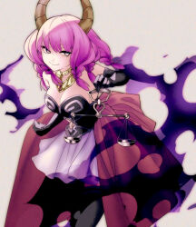 Rule 34 | 1girl, 3733, aura (sousou no frieren), balance scale, bare shoulders, braid, breasts, cleavage, clothing cutout, demon horns, elbow gloves, gloves, holding scale, horns, large breasts, looking at viewer, medium hair, multiple braids, navel, navel cutout, pink hair, smile, solo, sousou no frieren, weighing scale