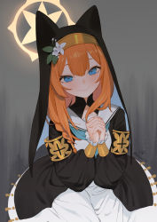 Rule 34 | 1girl, animal ear headwear, armband, beijuu, blue archive, blue eyes, closed mouth, fake animal ears, flower, habit, halo, highres, interlocked fingers, long hair, long sleeves, looking at viewer, mari (blue archive), nun, orange hair, own hands clasped, own hands together, puffy sleeves, sailor collar, smile, solo