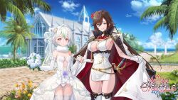 Rule 34 | 2girls, ahoge, aniya (evertale), belt, blue eyes, blue sky, boots, bouquet, breasts, brown hair, cape, closed mouth, cloud, cloudy sky, coat, coat on shoulders, commentary request, copyright name, day, dress, evertale, flower, fur collar, gloves, grey hair, hair ornament, hand grab, highres, holding, large breasts, leotard, logo, long hair, looking at viewer, multicolored hair, multiple girls, ocean, official art, open clothes, open coat, outdoors, overskirt, palm leaf, palm tree, parted lips, red eyes, short dress, simple background, sky, small breasts, smile, sword, thigh boots, thighhighs, thighs, tree, water, weapon, white gloves, white hair, zettai ryouiki