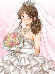 Rule 34 | 1girl, bare shoulders, blush, bouquet, breasts, bridal veil, bride, brown eyes, cleavage, dress, elbow gloves, flower, frilled dress, frills, gloves, highres, jewelry, kamidou arashi, large breasts, lipstick, long hair, makeup, original, smile, solo, tearing up, tiara, veil, wedding dress, white dress, white gloves