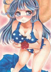 Rule 34 | 10s, 1girl, absurdres, alternate costume, bare legs, bare shoulders, blue eyes, blue hair, blush, breast hold, breasts, cleavage, curvy, dosukoi taiko, female focus, hat, highres, kantai collection, large breasts, leaning forward, long hair, looking at viewer, one-piece swimsuit, polka dot, polka dot swimsuit, scan, skirt, solo, standing, swimsuit, tears, torn clothes, traditional media, ushio (kancolle)
