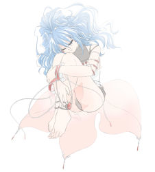 Rule 34 | 1girl, alfimi, ass, banpresto, bare legs, bare shoulders, barefoot, blue hair, bracelet, facial mark, female focus, fetal position, jewelry, long hair, midriff, pale color, ponytail, solo, super robot wars, thong, very long hair, white background