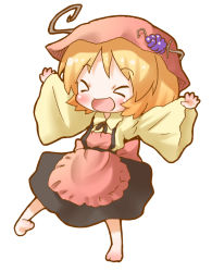 Rule 34 | &gt; &lt;, 1girl, :d, aki minoriko, arinu, barefoot, blonde hair, chibi, closed eyes, full body, happy, hat, open mouth, outstretched arms, smile, solo, touhou, wide sleeves, xd