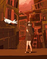 Rule 34 | 1girl, arm up, backpack, bag, bakui02, building, city, commentary, dog, dot mouth, full body, high collar, highres, holding strap, jacket, kneehighs, limited palette, loafers, long sleeves, looking at animal, orange theme, original, outdoors, pleated skirt, raised eyebrows, shoes, short hair, shoulder strap, skirt, socks, solo, track jacket, window