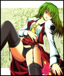 Rule 34 | 1girl, :p, ascot, bad id, bad pixiv id, black panties, black thighhighs, breasts, derivative work, female focus, flower, garter belt, green hair, highres, kazami yuuka, lingerie, medium breasts, no bra, open clothes, open shirt, panties, plaid, plaid vest, red eyes, rose, shirt, short hair, solo, thighhighs, tongue, tongue out, touhou, underwear, vest, yunomi chawan