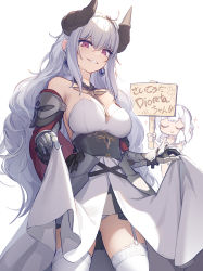 Rule 34 | 2girls, armor, asicah, asta (asicah), bare shoulders, breasts, character name, chibi, chibi inset, cleavage, clothes lift, corset, cowboy shot, detached sleeves, dioreta (asicah), dress, dress lift, earrings, garter straps, gauntlets, grey hair, hairband, holding, holding sign, horns, jewelry, large breasts, long hair, looking at viewer, multiple girls, napkin, original, panties, purple eyes, sidelocks, sign, smile, solo focus, strapless, strapless dress, tears, teeth, thighhighs, translation request, underwear, white dress, white legwear, white panties, wiping tears
