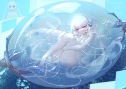 1girl :o absurdres azur_lane breasts dhy-232 feet giving_birth halford_(azur_lane) hands_on_thighs headphones highres holding_legs long_hair nipples nude petite red_eyes science_fiction small_breasts stasis_tank tentacles water white_hair wire