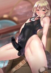 Rule 34 | 1boy, absurdres, andou you, aqua eyes, bar censor, black gloves, black one-piece swimsuit, blonde hair, blurry, blurry background, blush, bridget (guilty gear), bulge, censored, competition swimsuit, covered erect nipples, covered penis, cowboy shot, crate, finger to mouth, fingerless gloves, gloves, guilty gear, guilty gear strive, hair between eyes, highleg, highleg swimsuit, highres, impossible clothes, impossible swimsuit, male focus, mosaic censoring, motion lines, one-piece swimsuit, solo, steam, swimsuit, trap, two-tone gloves, wet, wet clothes, wet swimsuit