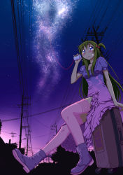 Rule 34 | 1girl, absurdres, ankle boots, bad id, bad pixiv id, blue eyes, blush, boots, brown hair, cup, dress, from below, hair bobbles, hair ornament, highres, night, night sky, original, phone, pink thighhighs, power lines, purple sky, rolling suitcase, side ponytail, sitting, sky, solo, star (sky), starry sky, string, string of fate, string phone, suitcase, suzushiro nazuna, tanabata, tears, thighhighs, twilight