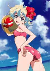 Rule 34 | 1girl, :d, absurdres, adjusting clothes, adjusting swimsuit, ass, ball, beachball, bikini, cloud, cowboy shot, cross-shaped pupils, day, flower, from side, hibiscus, highres, looking at viewer, multicolored hair, nia teppelin, official art, open mouth, outdoors, photoshop (medium), pink bikini, short hair, sky, smile, solo, swimsuit, symbol-shaped pupils, takamura kazuhiro, tan, tanline, tengen toppa gurren lagann, two-tone hair, water, water drop