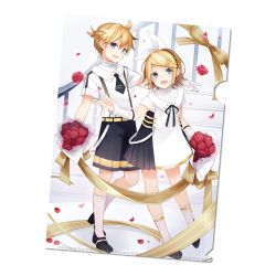 Rule 34 | 1boy, 1girl, black footwear, black necktie, black shorts, blonde hair, blue eyes, bouquet, bow, dress, falling petals, flower, hair bow, holding, holding bouquet, kagamine len, kagamine rin, kuroi (liar-player), leaning back, leaning forward, miku symphony (vocaloid), necktie, official alternate costume, official art, open mouth, petals, red flower, red rose, ribbon, rose, second-party source, shirt, shoes, short necktie, short sleeves, shorts, smile, suspender shorts, suspenders, vocaloid, white bow, white shirt, yellow ribbon