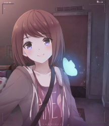 Rule 34 | 1girl, absurdres, bed, blush, brown hair, brown jacket, brown shirt, bug, butterfly, closed mouth, clothes writing, collarbone, commentary request, door, drawstring, glowing, head tilt, highres, hood, hood down, hooded jacket, insect, jacket, lawnielle, life is strange, max caulfield, open clothes, open jacket, purple eyes, reaching, reaching towards viewer, selfie, shirt, smile, solo, upper body, viewfinder