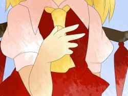 Rule 34 | 1girl, ascot, bad id, bad pixiv id, blonde hair, blouse, comic, embodiment of scarlet devil, female focus, flandre scarlet, gradient background, hammer (sunset beach), hand on own chest, head out of frame, shirt, silent comic, solo, touhou, white shirt, wings