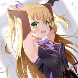 Rule 34 | 1girl, armpits, arms up, bare shoulders, blonde hair, blush, bow, breasts, bridal gauntlets, brown leotard, detached sleeves, fischl (genshin impact), genshin impact, gloves, green eyes, hair between eyes, heterochromia, highres, leotard, long hair, looking at viewer, open mouth, purple bow, small breasts, solo, tsukiman, two side up, upper body, wavy mouth, yellow eyes