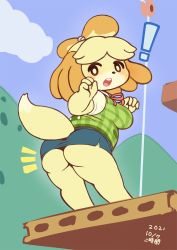 Rule 34 | !, 1girl, 2021, :o, animal crossing, animal ears, ass, bell, blonde hair, blue skirt, blue sky, blush stickers, dated, dog ears, dog girl, dog tail, female focus, from below, furry, furry female, green vest, hair bell, hair ornament, hat, highres, isabelle (animal crossing), looking at viewer, looking back, ni jikan, nintendo, no panties, open mouth, outdoors, plaid, plaid vest, platform, red ribbon, ribbon, short sleeves, skirt, sky, solo, standing, super smash bros., tail, teeth, topknot, upper teeth only, vest