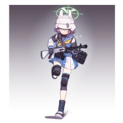 Rule 34 | absurdres, assault rifle, black hair, blue archive, blue eyes, boots, breasts, commentary request, gloves, gun, halo, helmet, highres, jonasmk, knee pads, large breasts, leg up, looking at viewer, rifle, running, saki (blue archive), school uniform, short hair, simple background, tactical clothes, weapon