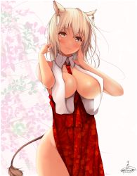 Rule 34 | 1girl, animal ears, bare arms, bare shoulders, between breasts, blush, breasts, brown eyes, cleavage, commentary request, covered erect nipples, cowboy shot, detached collar, earrings, female focus, floral background, groin, hands up, head tilt, highres, jewelry, large breasts, long hair, looking at viewer, loose clothes, necktie, no bra, no panties, original, parted lips, pelvic curtain, red necktie, revealing clothes, sideboob, sidelocks, signature, silver hair, sleeveless, smile, solo, standing, suzume (simple0091), tail, thighs, unmoving pattern, white background