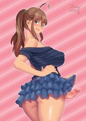 Rule 34 | 10s, 1futa, 2017, ahoge, artist name, ass, blouse, blush, breasts, brown hair, censored, clothes lift, dated, erection, futanari, green eyes, hand on own hip, kamiya midori, large breasts, lifted by self, long hair, looking at viewer, makeup, mosaic censoring, no panties, penis, pink background, pointless censoring, ponytail, shiny skin, shirt, skirt, smile, solo, standing, striped, striped background, thighs, veins, veiny penis, zheng