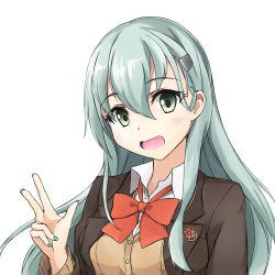 Rule 34 | 10s, 1girl, aqua eyes, aqua hair, blazer, bow, bowtie, hair ornament, hairclip, jacket, kantai collection, long hair, looking at viewer, minosu, open mouth, red bow, red bowtie, remodel (kantai collection), school uniform, simple background, solo, suzuya (kancolle), upper body, v, white background
