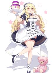 Rule 34 | 1girl, apron, arm cuffs, black dress, black footwear, blonde hair, breasts, brown eyes, cake, cleavage, cleavage cutout, clothing cutout, dress, flower, food, frilled cuffs, fruit, grapes, hair flower, hair ornament, highleg, highres, holding, holding cake, holding food, knees together feet apart, large breasts, long hair, maid, maid apron, maid headdress, open mouth, original, puffy short sleeves, puffy sleeves, shadow, short sleeves, socks, solo, standing, standing on one leg, stuffed animal, stuffed toy, t@ke-g, teddy bear, thigh strap, white flower, white socks
