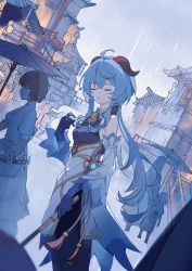 Rule 34 | ahoge, architecture, bare shoulders, bell, black pantyhose, blue gloves, blue hair, breasts, chinese knot, closed eyes, cowboy shot, detached sleeves, east asian architecture, flower knot, ganyu (genshin impact), genshin impact, gloves, gold trim, highres, horns, long hair, low ponytail, medium breasts, neck bell, outdoors, pantyhose, parted lips, people, qingxin gua yu, rain, sidelocks, standing, tassel, vision (genshin impact), white sleeves