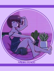Rule 34 | 1girl, barefoot, black cat, breasts, brown hair, cactus, cat, character name, closed mouth, feet, fern, full body, glass, indoors, medium breasts, plant, ranma 1/2, sitting, smile, solo, tendou nabiki, toes, wanta (futoshi)