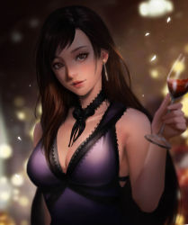 Rule 34 | 1girl, absurdres, aomamm, asymmetrical bangs, bare arms, blurry, blurry background, blurry foreground, breasts, brown eyes, brown hair, choker, cleavage, cup, dress, drinking glass, earrings, final fantasy, final fantasy vii, final fantasy vii remake, highres, holding, holding cup, jewelry, large breasts, lingerie, long hair, looking at viewer, negligee, official alternate costume, purple dress, red wings, ribbon choker, smile, solo, square enix, tifa lockhart, tifa lockhart (refined dress), underwear, upper body, wall market, wine glass, wings