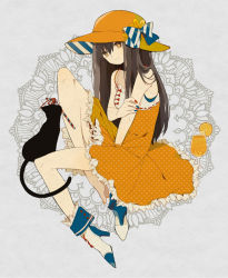 Rule 34 | 1girl, atori12, black cat, brown hair, cat, dress, hat, high heels, long hair, orange eyes, orangina, personification, ribbon, sun hat