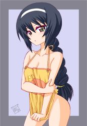 Rule 34 | 1girl, alternate hairstyle, anglerfish, apron, apron tug, arm grab, artist name, black hair, blue background, braid, breasts, brown eyes, commentary, cowboy shot, dated, fish, fujimaru arikui, girls und panzer, grey background, hair tie, hairband, long hair, looking at viewer, naked apron, one-hour drawing challenge, outside border, parted lips, print apron, reizei mako, signature, single braid, small breasts, solo, standing, two-tone background, white hairband, yellow apron