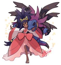 Rule 34 | 1girl, ;d, big hair, bow, commentary request, creatures (company), dark-skinned female, dark skin, dress, eyelashes, game freak, gen 5 pokemon, hair tie, hydreigon, iris (pokemon), long hair, long sleeves, nintendo, one eye closed, open mouth, outstretched arms, pokemon, pokemon (creature), pokemon bw2, sagemaru-br, sandals, signature, smile, star (symbol), teeth, tiara, toes, tongue, wide sleeves