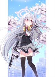 Rule 34 | 1girl, black thighhighs, blue archive, blush, cherry blossoms, commentary request, feet out of frame, grey hair, grey skirt, gun, hair between eyes, halo, harada (sansei rain), headphones, headphones around neck, highres, holding, holding gun, holding weapon, id card, long hair, long sleeves, parted lips, pink halo, red eyes, skirt, solo, suzumi (blue archive), thighhighs, weapon