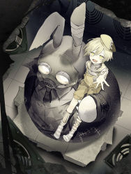 Rule 34 | 1boy, 1other, androgynous, blonde hair, rabbit, durian pancake (food fantasy), food fantasy, gas mask, hat, highres, long sleeves, looking at viewer, looking up, mask, mr.bunny (durian pancake), hugging object, official art, pale skin, second-party source, shorts, socks, star (symbol), trap, yellow eyes