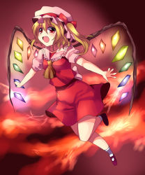 Rule 34 | 1girl, :d, ascot, blonde hair, blush, collar, crystal, demon wings, female focus, flandre scarlet, flying, foreshortening, frilled collar, frilled shirt collar, frills, full body, gradient background, mary janes, open mouth, outstretched arms, puffy short sleeves, puffy sleeves, red eyes, shoes, short sleeves, smile, solo, subaru (yachika), touhou, wings