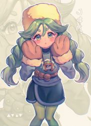 Rule 34 | 1girl, absurdres, black skirt, blush stickers, braid, brown mittens, closed mouth, commentary request, creatures (company), fur hat, game freak, green eyes, green hair, green pantyhose, grey jacket, hair between eyes, hands up, hat, highres, jacket, long hair, looking at viewer, mittens, nintendo, pantyhose, pokemon, pokemon legends: arceus, qiu ju, sabi (pokemon), skirt, solo, twin braids, yellow hat, zoom layer