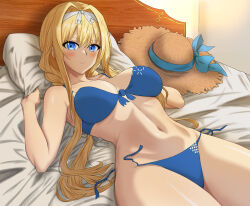 Rule 34 | 1girl, absurdres, alice zuberg, bikini, blonde hair, blue bikini, blue eyes, blush, braid, braided ponytail, breasts, closed mouth, hair between eyes, hair intakes, hairband, hat, highres, indoors, large breasts, long hair, looking at viewer, lying, navel, on back, on bed, pillow, pillow grab, sigure yusyo, smile, solo, straw hat, sun hat, swimsuit, sword art online, sword art online: alicization, untied bikini, white hairband