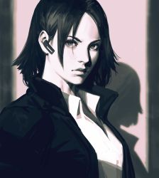 Rule 34 | 1girl, closed mouth, collared shirt, dress shirt, earpiece, expressionless, guweiz, highres, jacket, light, lips, looking at viewer, monochrome, open clothes, open jacket, original, shadow, shirt, short hair, solo, upper body, wing collar
