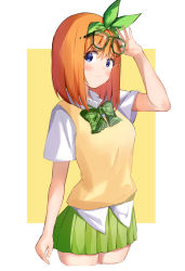 Rule 34 | 1girl, absurdres, arm up, auui, blue eyes, blush, bow, breasts, closed mouth, collared shirt, commentary request, cowboy shot, cropped torso, eyewear lift, glasses, go-toubun no hanayome, green-framed eyewear, green bow, green ribbon, green skirt, hair between eyes, hair ribbon, highres, lifting own clothes, looking at viewer, nakano yotsuba, orange hair, pleated skirt, ribbon, shirt, short sleeves, skirt, small breasts, solo, sweater vest, two-tone background, white background, white shirt, yellow background