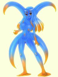 1girl blue_skin casual_nudity cleft_of_venus colored_nipples colored_skin colored_tips long_hair meltyvixen monster_girl multicolored_hair orange_eyes pussy slime_girl solo tentacles