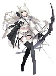 Rule 34 | 1girl, animal ear fluff, animal ears, arknights, arrow (projectile), black footwear, black gloves, black thighhighs, boots, bow (weapon), brown eyes, closed mouth, commentary request, elbow gloves, full body, gloves, goma 74umai, groin, hair between eyes, highres, holding, holding arrow, holding bow (weapon), holding weapon, jacket, long hair, navel, platinum (arknights), quiver, short shorts, shorts, simple background, solo, thighhighs, thighhighs under boots, very long hair, weapon, white background, white hair, white jacket, white shorts