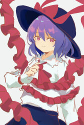 Rule 34 | 1girl, ascot, black hat, black skirt, bow, capelet, closed mouth, commentary, frilled capelet, frills, hat, hat bow, highres, hinataku1222, long sleeves, looking at viewer, nagae iku, one-hour drawing challenge, purple hair, red bow, red eyes, shirt, short hair, simple background, skirt, solo, touhou, white background, white capelet, white shirt