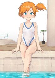 Rule 34 | 1girl, absurdres, asymmetrical hair, barefoot, blue eyes, blush, breasts, closed mouth, competition swimsuit, covered navel, creatures (company), feet, feet in water, female focus, game freak, gen 1 pokemon, gym leader, hair tie, highres, knees, light smile, looking at viewer, misty (pokemon), navel, nintendo, one-piece swimsuit, orange hair, plant, pokemon, pokemon hgss, pokemon rgby, ponytail, pool, potted plant, side ponytail, sitting, smile, solo, swimsuit, thighs, water, wet, wet hair, yakihebi