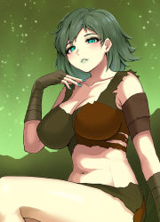 Rule 34 | 1girl, absurdres, armband, blush, breasts, cleavage, collarbone, fallout (series), fallout 4, fallout shelter online, green hair, green lips, green skirt, green sky, hair behind ear, hand on own chest, highres, isolde (fallout), large breasts, looking down, medium hair, midriff, navel, parted lips, sitting, skirt, solo, terumin (yuganda sebone), torn clothes