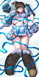 Rule 34 | 1girl, beads, black-framed eyewear, blue gloves, blue ribbon, boots, breasts, brown eyes, brown hair, coat, drone, floating, fur boots, fur coat, fur trim, glasses, gloves, gluteal fold, hair bun, hair ornament, hair stick, hairpin, highres, large breasts, lips, lying, mei (overwatch), on back, overwatch, overwatch 1, parka, parted lips, pink lips, ribbon, robot, short hair, single hair bun, skirt, snowball (overwatch), solo, teiten-bakuha, winter clothes, winter coat