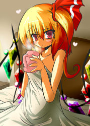 Rule 34 | 1girl, bare shoulders, bed, bed sheet, blonde hair, blush, cup, female focus, flandre scarlet, goma (gomasamune), hair ribbon, heart, highres, light smile, mug, naked sheet, no headwear, no headwear, red eyes, ribbon, short hair, side ponytail, smile, solo, steam, touhou, wings
