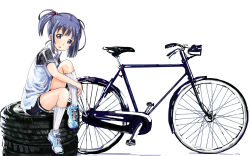 Rule 34 | 1girl, abe kanari, bicycle, bike shorts, blue eyes, blue hair, blush, hair bobbles, hair ornament, highres, hugging own legs, kneehighs, looking at viewer, matching hair/eyes, open mouth, original, shoes, sitting, sneakers, socks, solo, tire, twintails, white socks