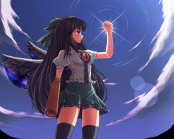 Rule 34 | &gt;:), 1girl, arm cannon, black hair, black thighhighs, black wings, bow, brown eyes, clenched hand, day, female focus, hair bow, long hair, raised fist, reiuji utsuho, sky, solo, subaru noji, sunlight, thighhighs, touhou, v-shaped eyebrows, weapon, wings, zettai ryouiki